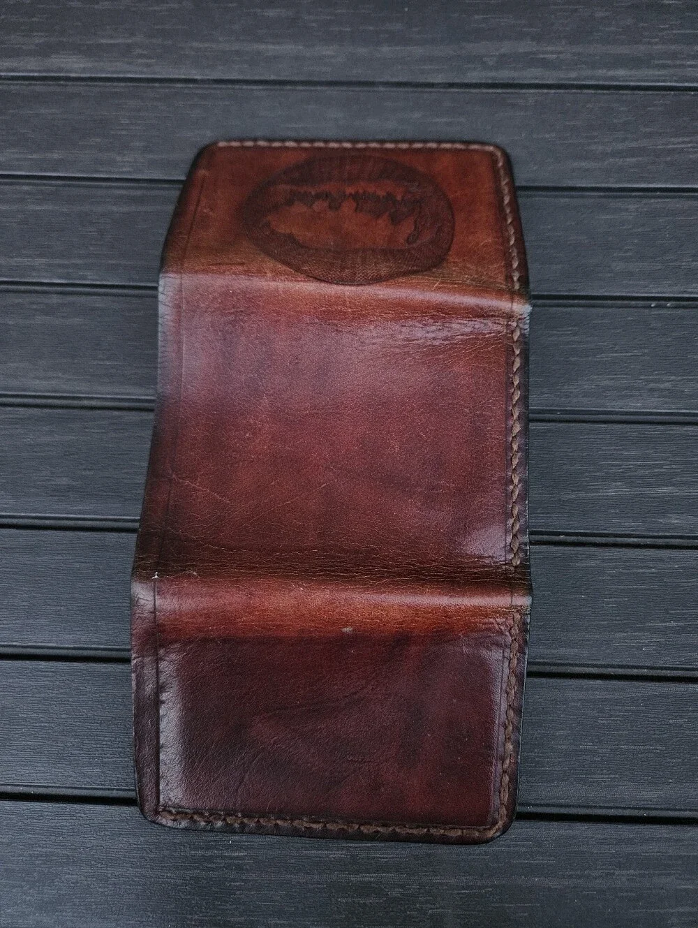 Vintage Mens Leather Trifold Wallet Tooled Bison Buffalo Western Cowboy Rustic
